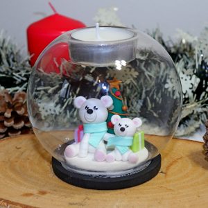 Bougeoir rond en verre, avec ours blanc et sapin
