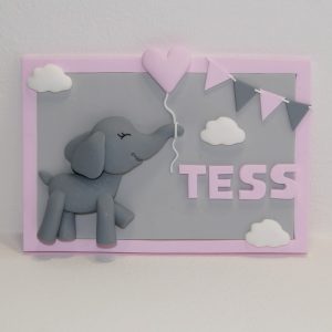 plaque de porte personnalisée éléphant rose et gris, avec prénom